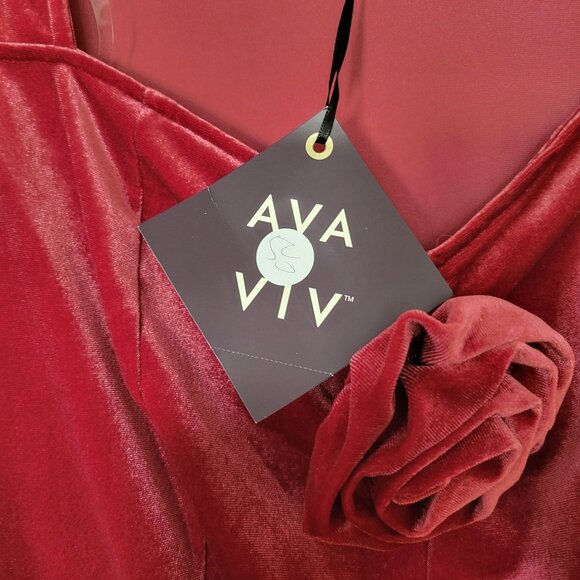 Ava & Viv Womens 1X Red Velvet Long Sleeve Dress With Rose Accent - Picture 7 of 9